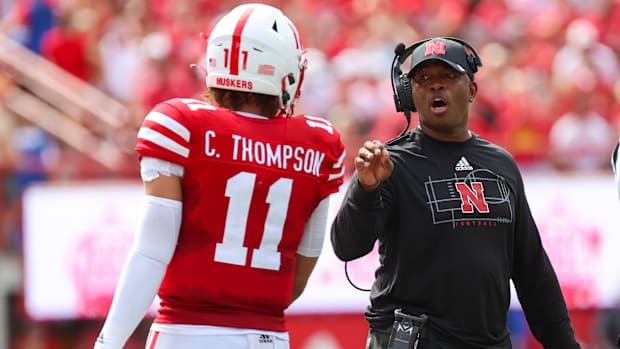 Casey Thompson and Mickey Joseph 2022 Nebraska vs Oklahoma football USATSI_19063286